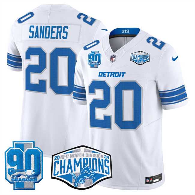 Men%27s Detroit Lions #20 Barry Sanders White 2024 NFC North Champions 90th Anniversary Patch F.U.S.E. Vapor Limited Stitched Jersey